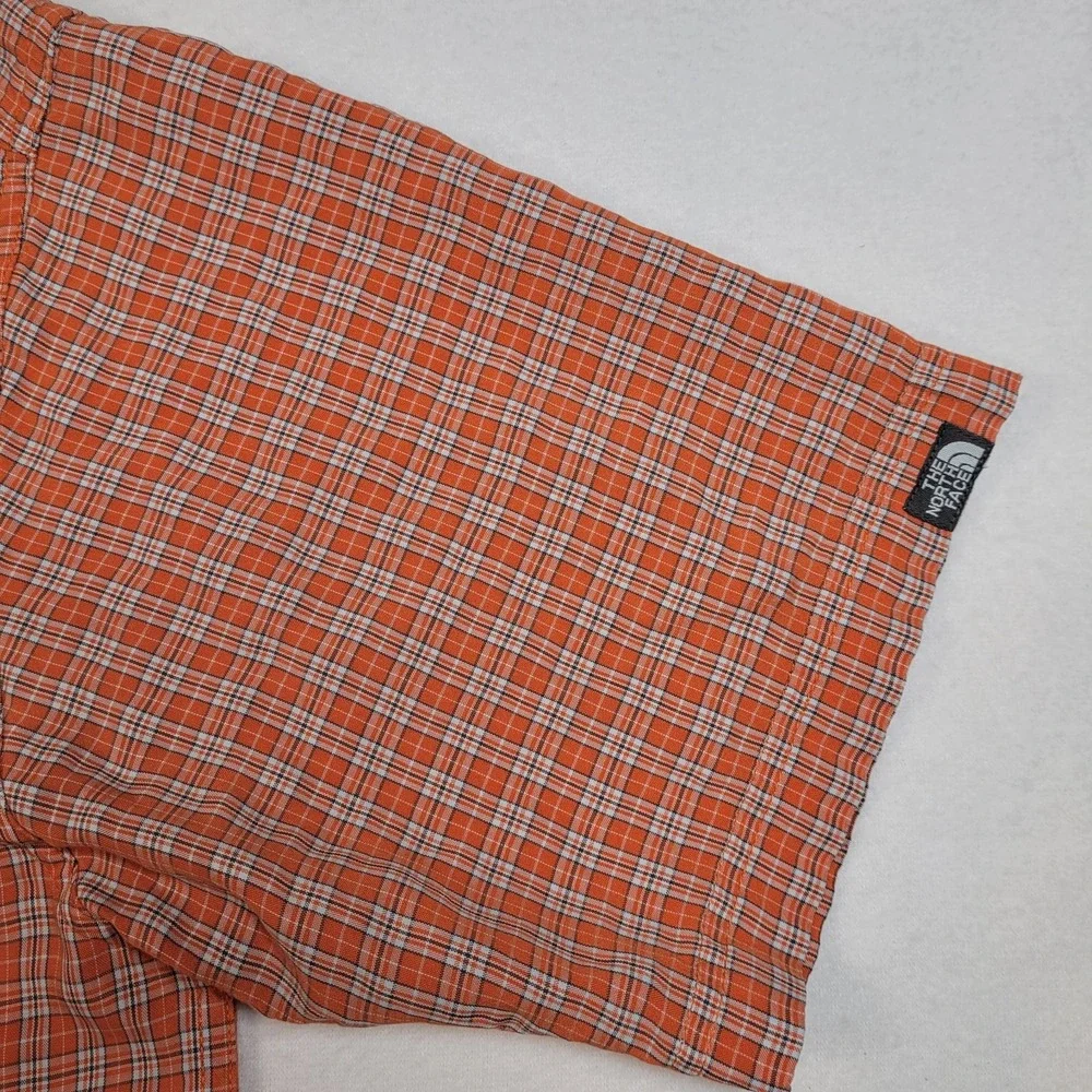 North Face Mens Shirt Size Medium Orange Plaid Short Sleeve‎ Button Up